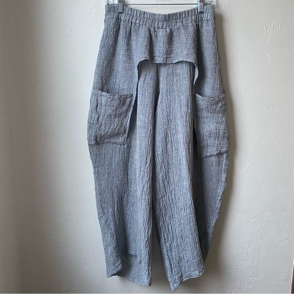 Luukaa Boho Lagenlook Gray Linen Wide Leg Trouser